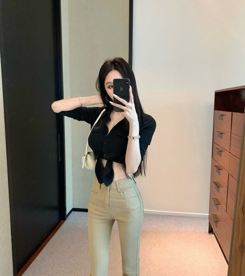 Jun. 辣復古 綁帶短款襯衫 黑 高腰卡其修身喇叭褲