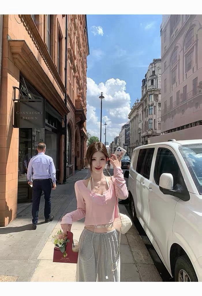 26Oct. 嬌女鬆弛蕾絲T恤上衣兩件套/純色休閒褲 粉/黑白