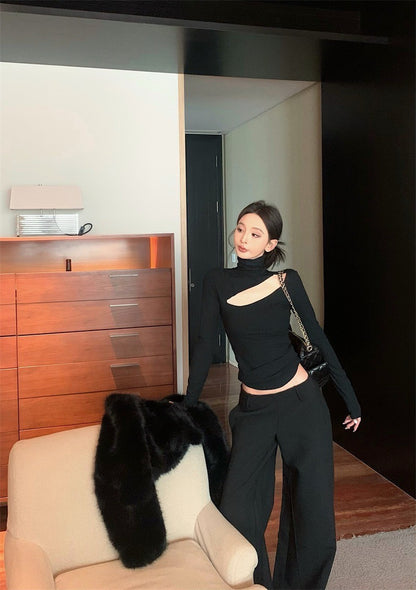 Jan. 設計感縷空疊穿高領打底上衣 黑