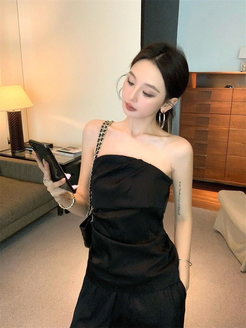 Jun. 常態美感 不規則抓皺顯瘦抹胸上衣 黑 休閒闊腿褲 黑