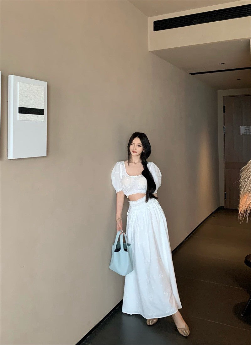 25Jul. 法式初戀小白花泡泡半身裙套裝 白