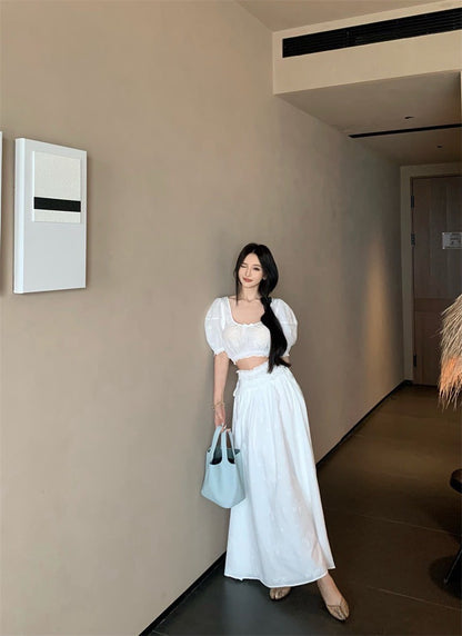 25Jul. 法式初戀小白花泡泡半身裙套裝 白