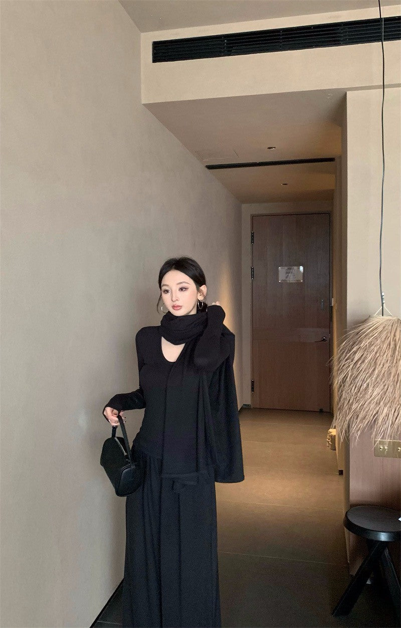 25Dec. 舒適至上多用式披肩U領長袖打底休閒褲三件套 黑