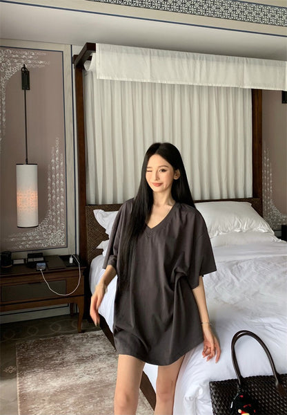 Jun. 在家舒適穿美式寬鬆中長款短袖上衣 灰