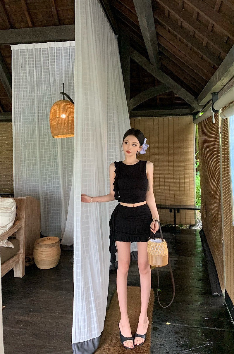 May. 歐美俏皮妞 垂墜荷葉背心半身裙套裝 黑