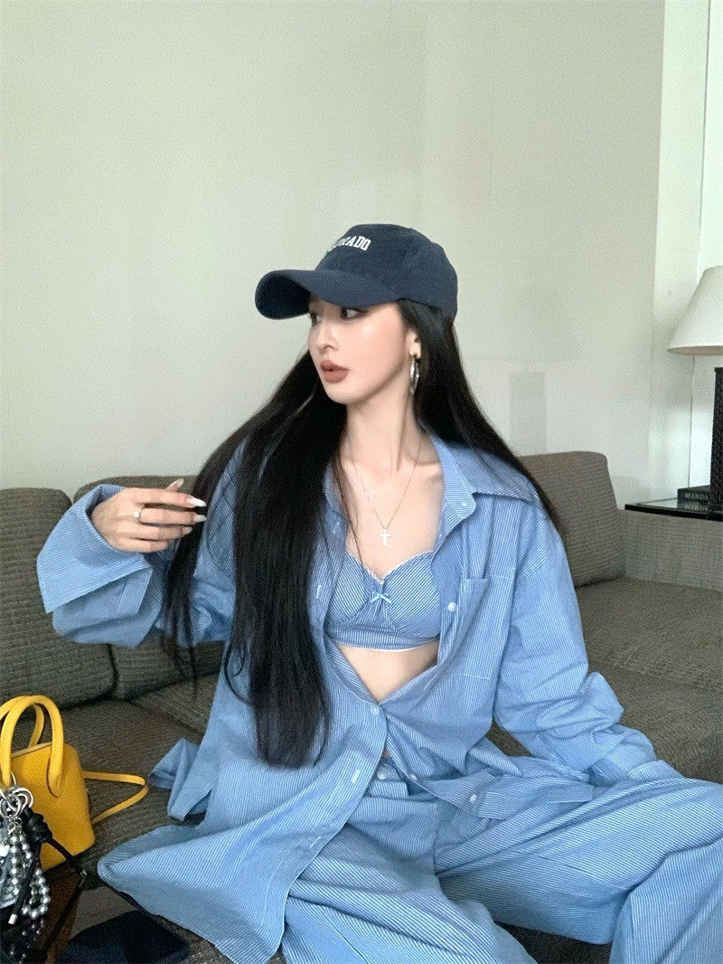 Jun. 慵懶霧透簡約條紋輕氧夏日3件套 藍