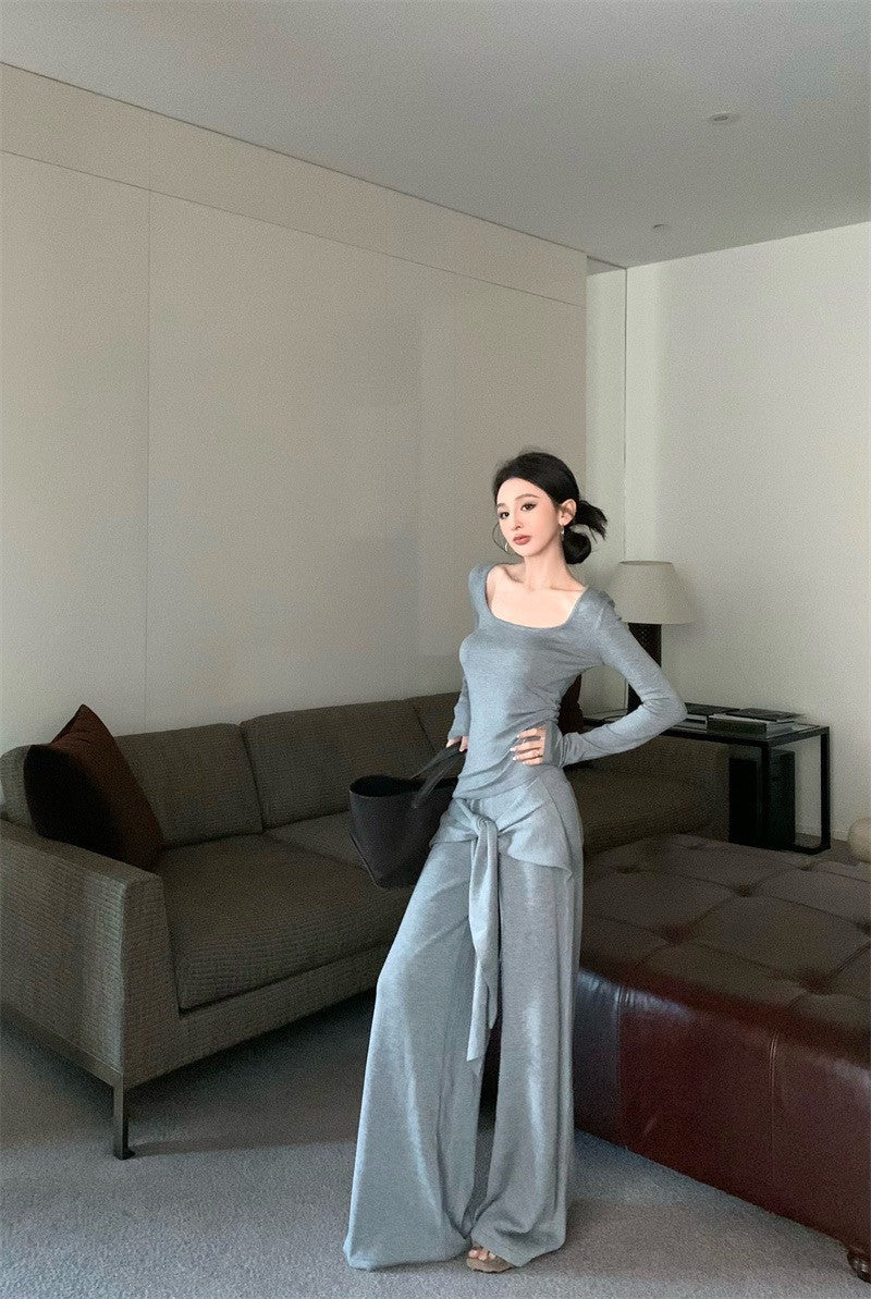 May. Lu系紙片系列 大U領上衣假兩件式綁帶休閒褲套裝 灰