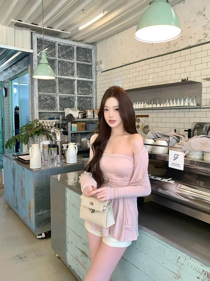 May. 溫柔韓系 加胸墊抹胸上衣外套2件套 米/粉