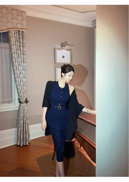 25Dec. 氣質名媛迷霧璀璨收腰針織連身裙 藏藍