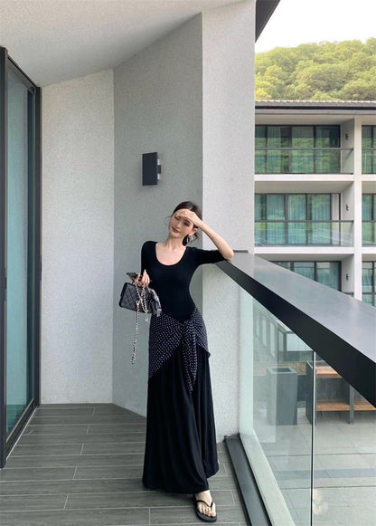 Jun.  簡約氣質赫本圓領針織拼接連身裙 黑