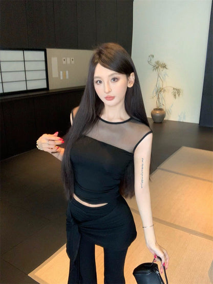 25Aug. 古典視覺網紗拼接上衣綁帶休閒褲套裝 黑色