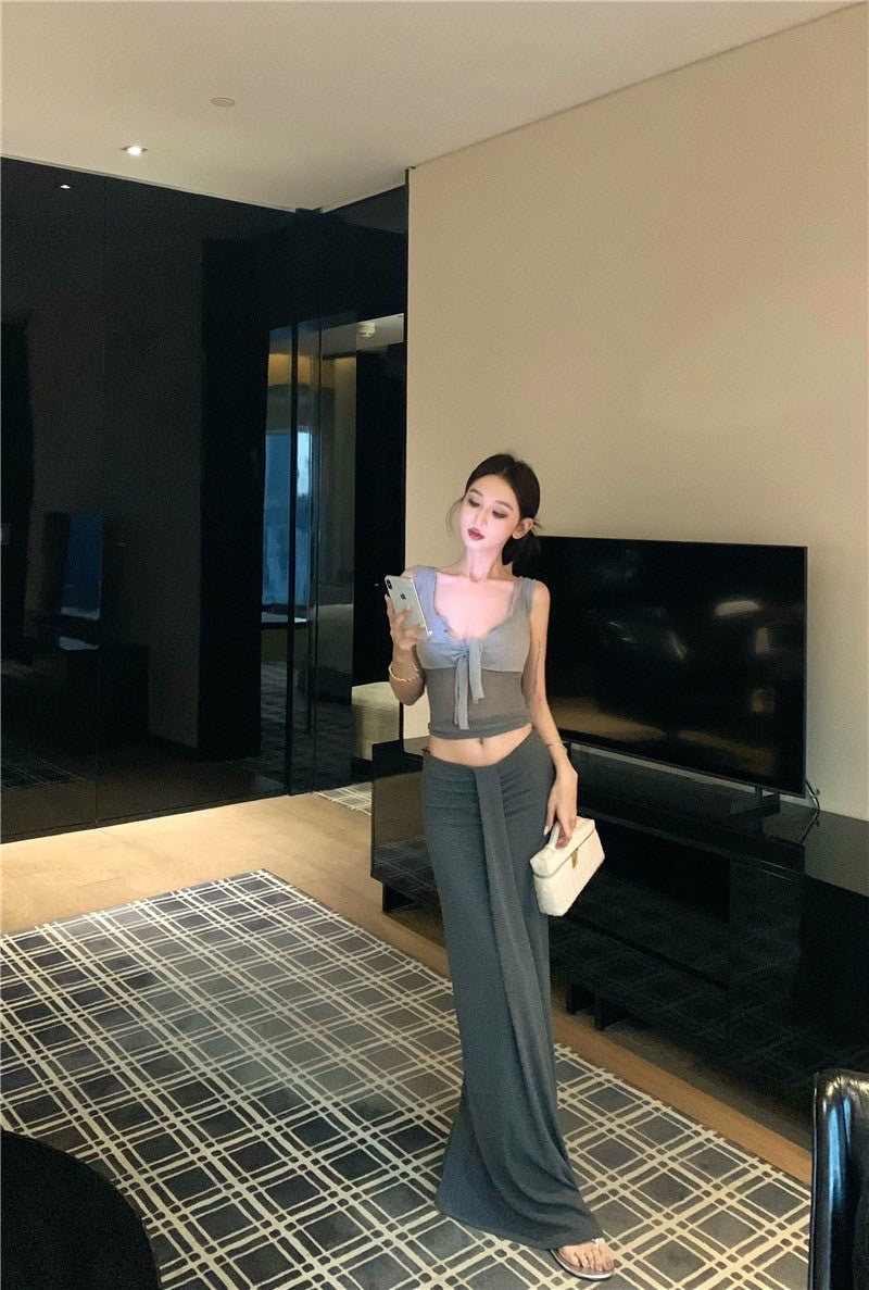 May. 性感毛邊透紗拼接背心 低腰彈力半身裙 灰