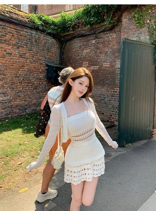 25Oct. 氣質浮雲立體縷空針織連身裙套裝 白