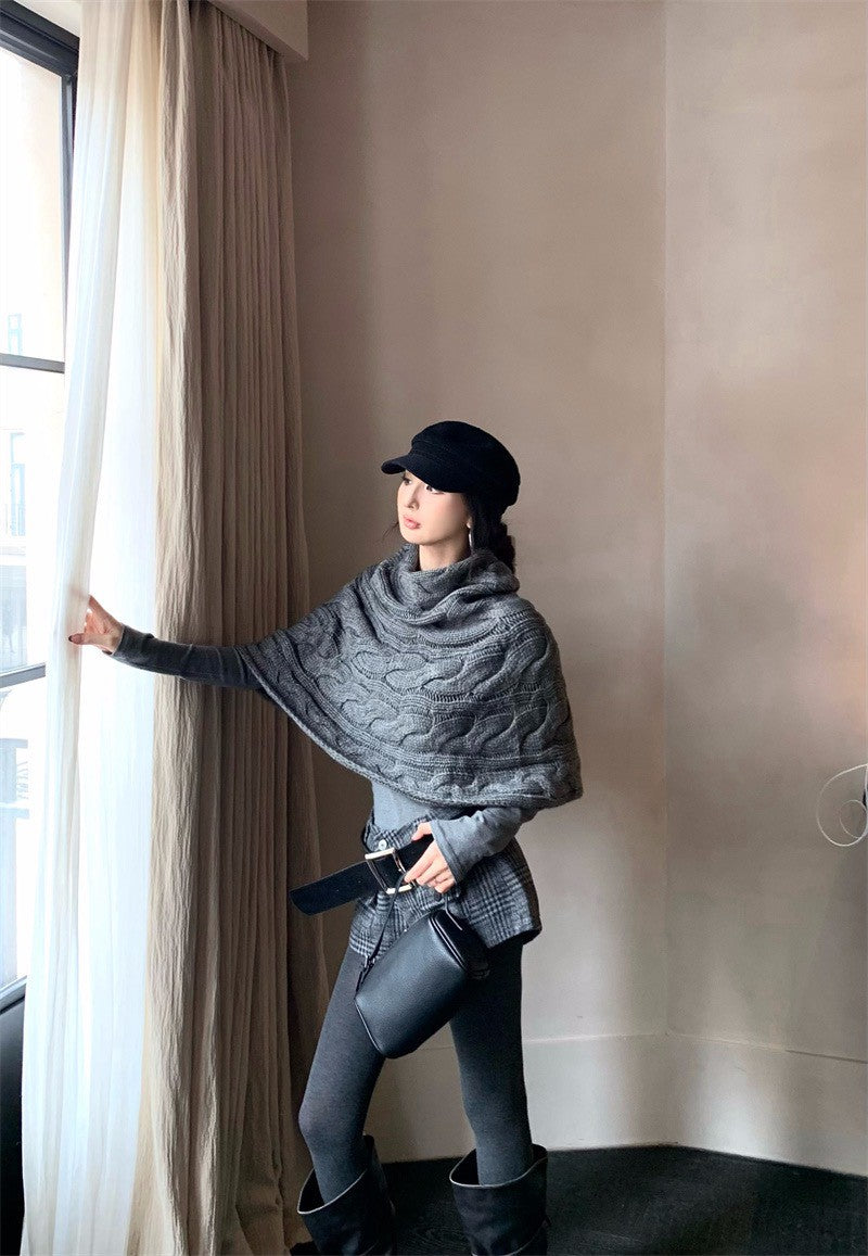 25Dec. 斗篷均碼多用法式花紗針織/英格蘭復古格紋短褲 灰色系