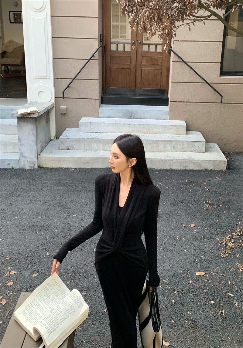 25Nov. 御姐裙特殊扭結設計正肩連衣裙套裝 咖/黑