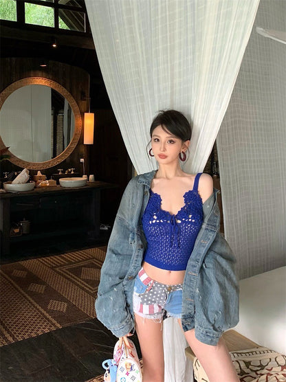 Jun. 島嶼渡假粗鈎織花背心 杏/藍