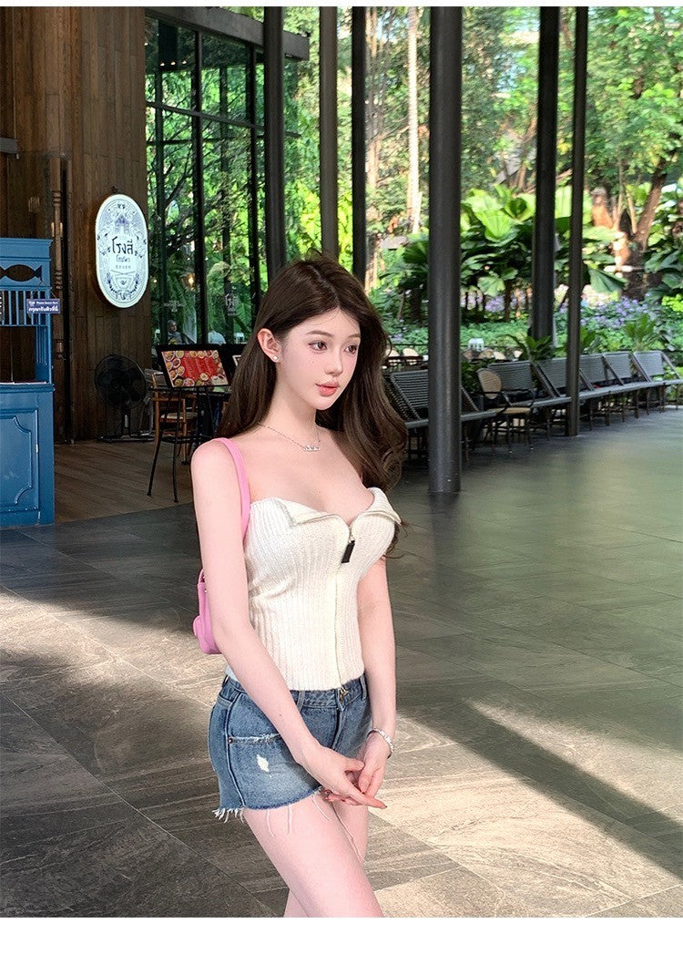 Mar. 純欲神器 拉鏈調節抹胸針織 杏白