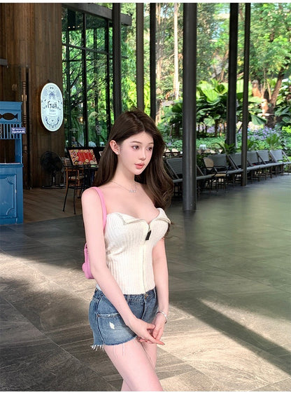 Mar. 純欲神器 拉鏈調節抹胸針織 杏白