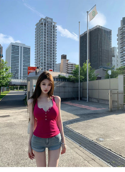 26Jun. 美式亨利 辣妹鈕扣U領背心 桃粉/黑