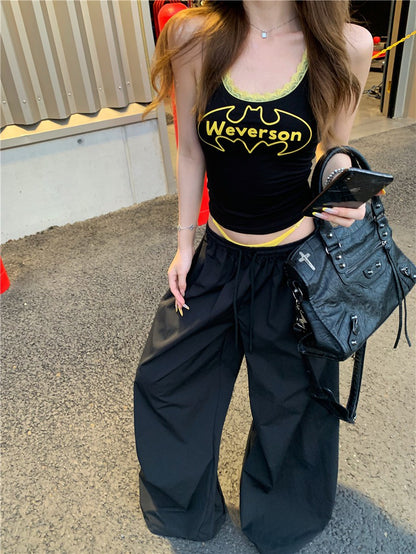Jun. LA個性女孩 撞色蝙蝠字母印花背心 抽繩鬆緊黑色休閒褲