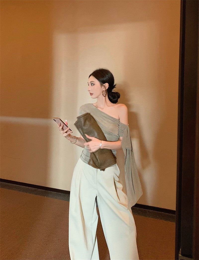 Jun. 姐系高智 單肩飄帶彈力上衣 時髦簡約休閒褲 杏