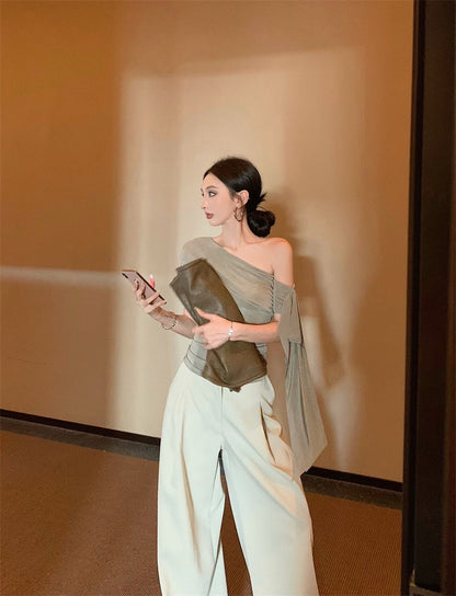 Jun. 姐系高智 單肩飄帶彈力上衣 時髦簡約休閒褲 杏