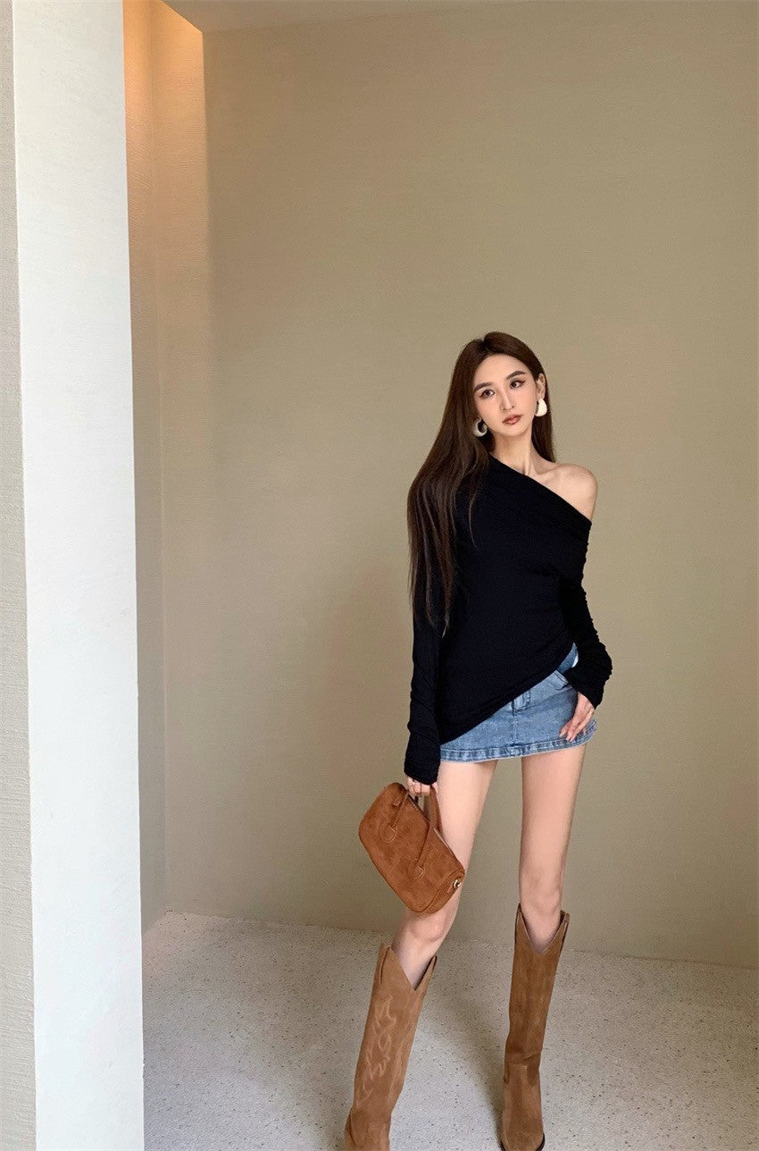 25Jul. 復古熱潮 斜肩彈力面膜踢 淺灰/黑