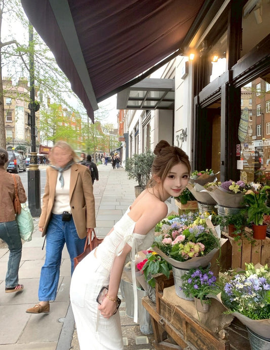 Jun. 輕氧布蕾 氣質一字領蕾絲飄帶上衣 米白