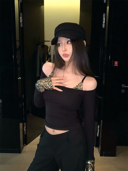 25Nov. 璀璨奪目假兩件式亮片拼接上衣 黑