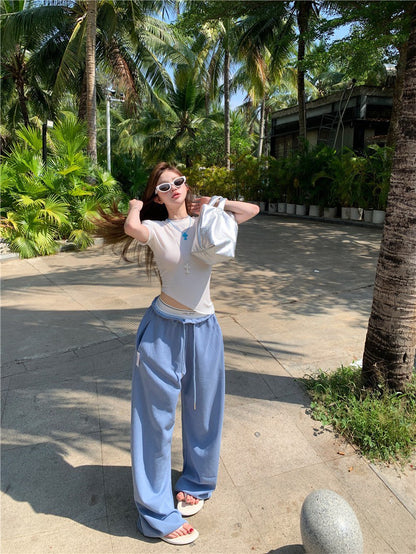 May. 辣妹夏日顯瘦正肩上衣 運動休閒拼接設計休閒褲 藍