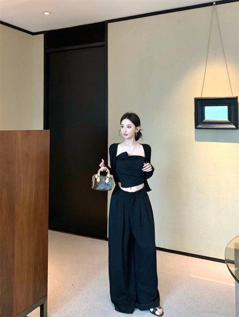 Jun. Origin 自然老錢 不規則抹胸高腰闊腿褲套裝 黑