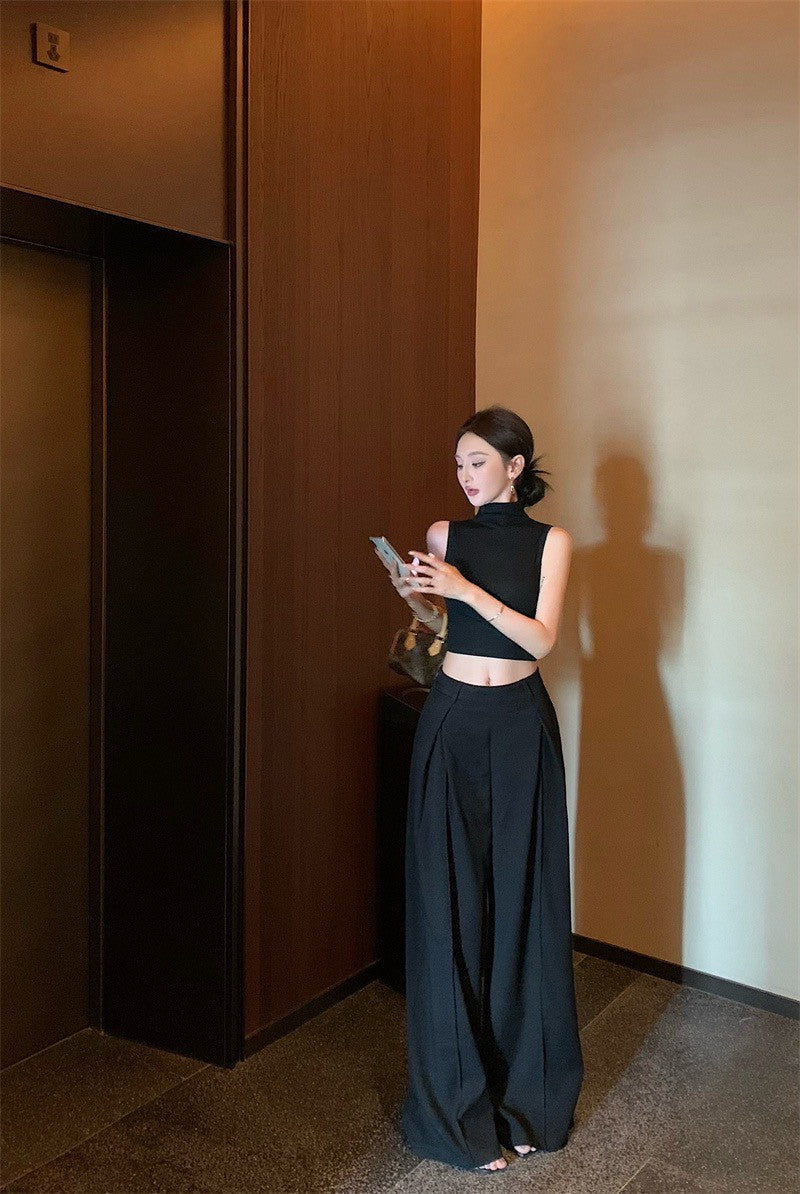 May. 個性簡約半高領純色背心 新款西裝休閒長褲 黑