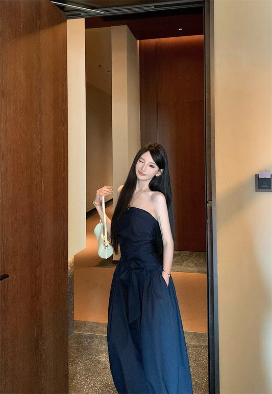 25Sep. 知性哲學抹胸襯衫料繫帶連身裙 藏藍