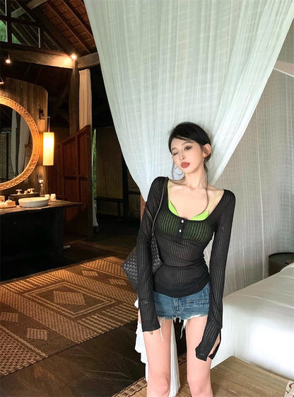 Apr. 疊搭純欲性感 透視感U領上衣 螢光色系吊帶