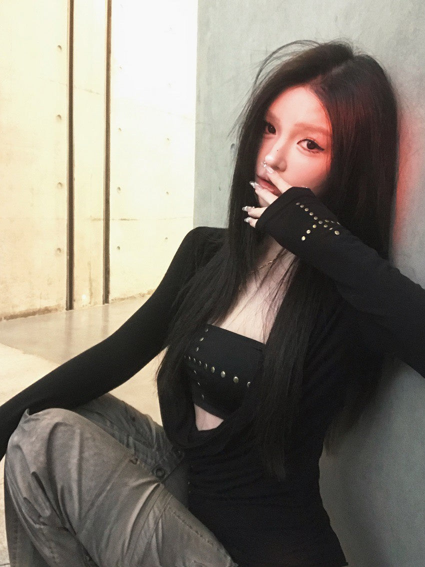 25Dec. 性感韓團女縷空錨釘上衣 黑