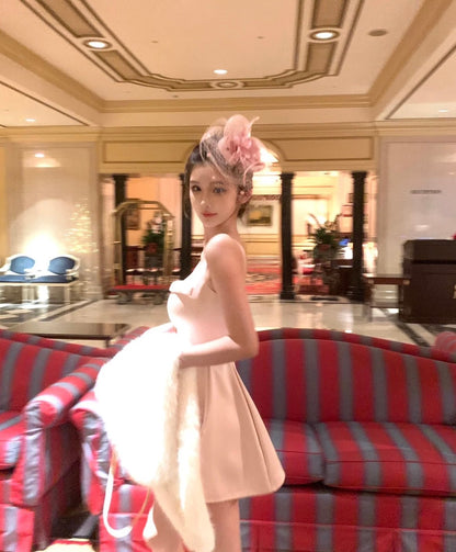 Mar. 曼妙天鵝 法式氣質蝴蝶結收腰連身裙 粉