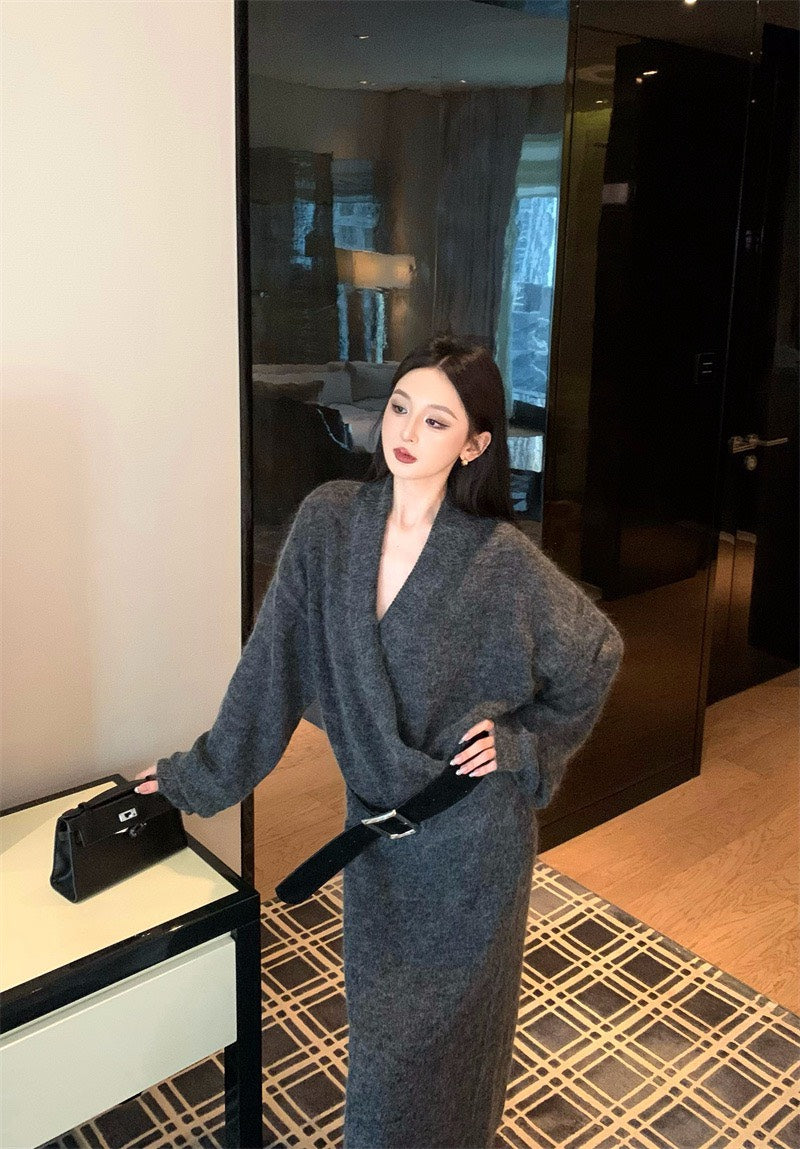 25Nov. 韓系溫柔多穿開襟袍針織半身裙套裝 杏/灰