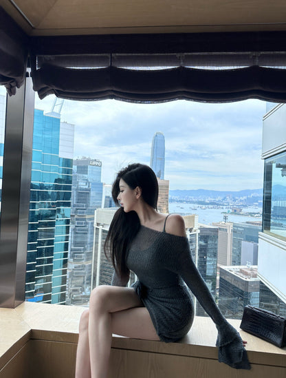 Jan. Cellos*nata裙擺玫瑰 溫柔疊穿同色系連身裙 針織外罩裙 灰色