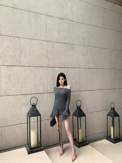 Jan. Cellos*nata裙擺玫瑰 溫柔疊穿同色系連身裙 針織外罩裙 灰色