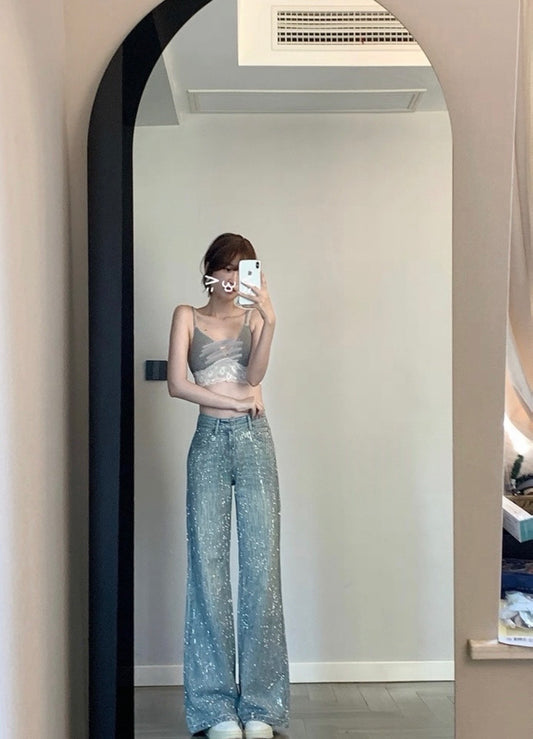 25Sep. 銀河碎鑽6W顆灰銀鑽重工牛仔闊腿褲 淺色