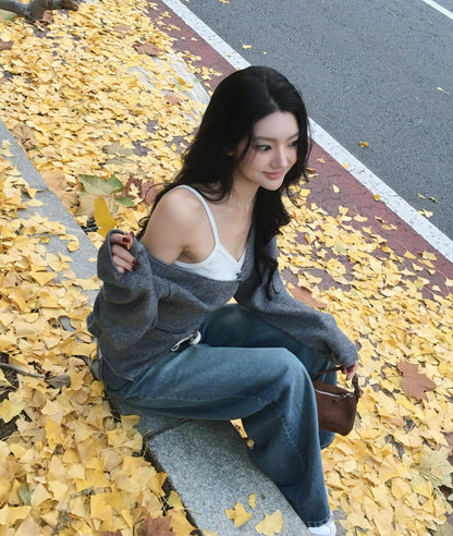 9.30-10.3 修身V領收腰坑條針織上衣 杏/灰/黑
