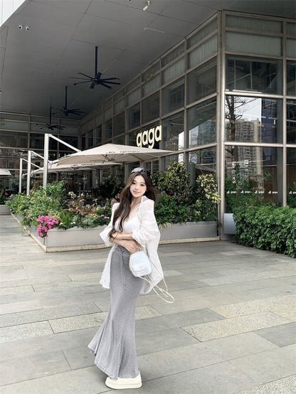 25Oct. 通勤首領 微透蕾絲拼接襯衫/條紋抽繩半身裙