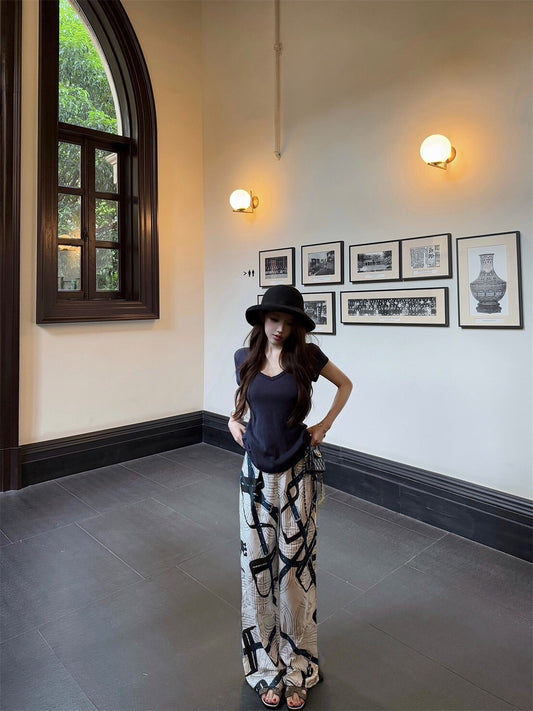 25Sep. 淡人ToF*極簡亞麻棉上衣 藏藍/冰絲緞面老花休閒褲