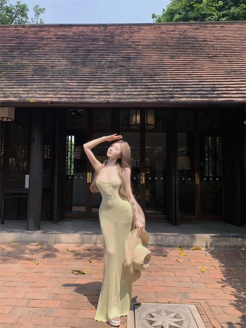 25Oct. 歐美性感粗針度假疊穿連身裙 綠黃色