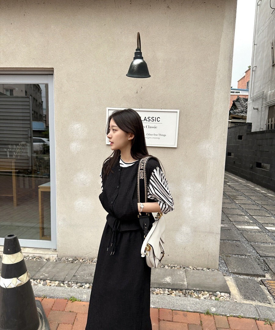 25Sep. 休閒華夫格抽繩可調式馬甲半身裙套裝 粉/黑