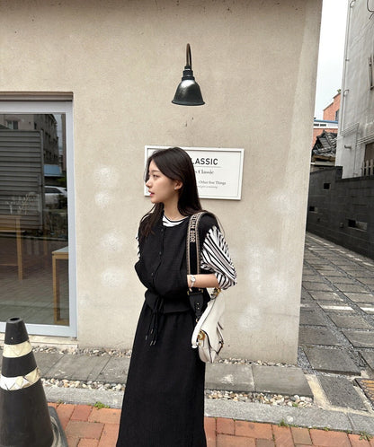 25Sep. 休閒華夫格抽繩可調式馬甲半身裙套裝 粉/黑