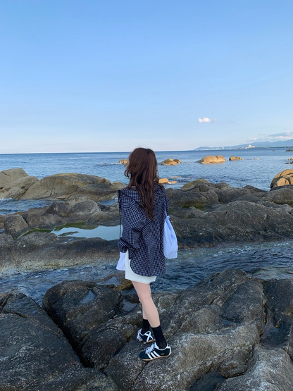 25Oct. 復古韓妞 撞色格紋連帽襯衫外套 淺藍/深藍