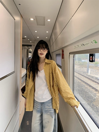 25Oct. Too bad~韓系復古黃格紋襯衫三角抹胸套裝