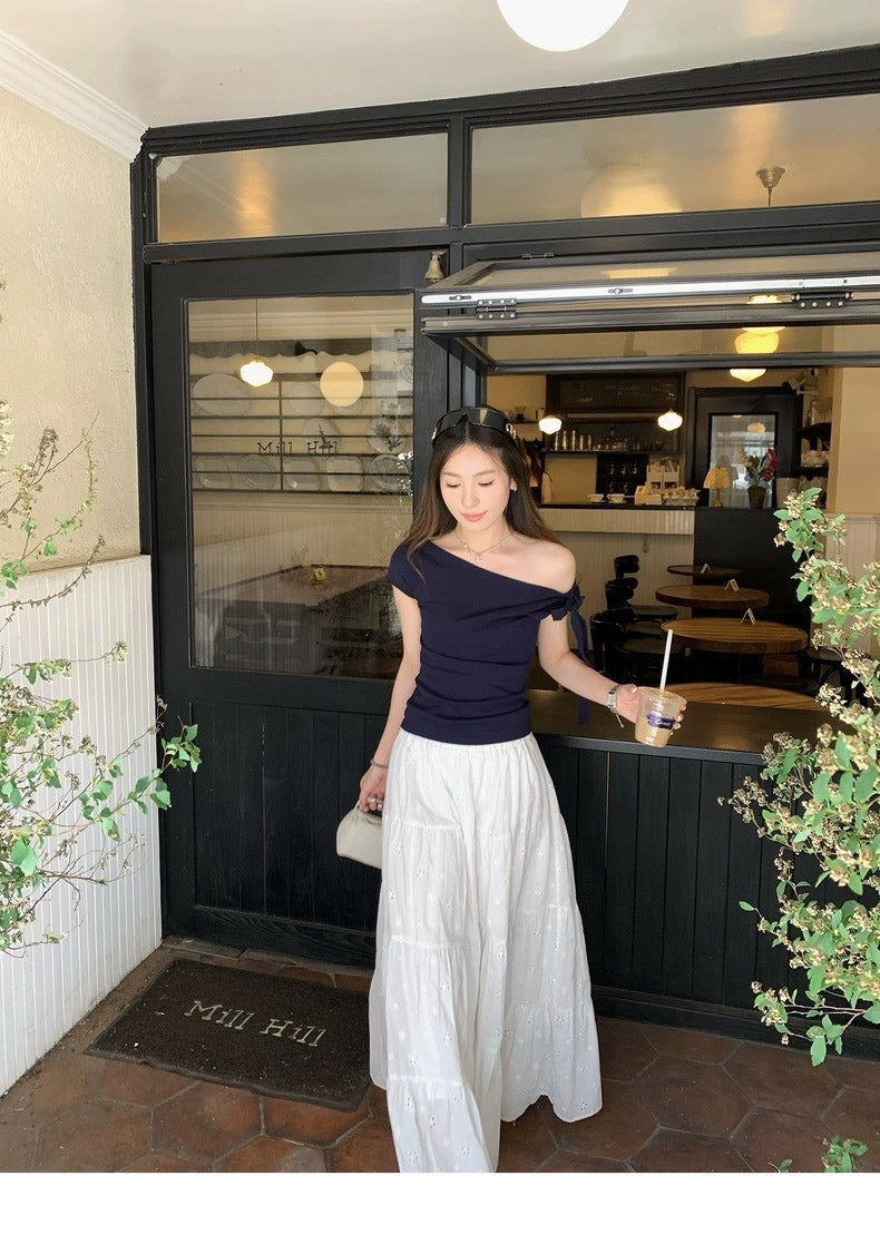 25Oct. 漢南洞時髦歐膩氣質斜肩綁帶上衣 白色/藏藍