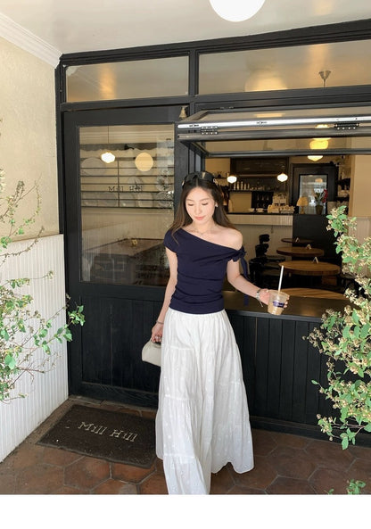 25Oct. 漢南洞時髦歐膩氣質斜肩綁帶上衣 白色/藏藍